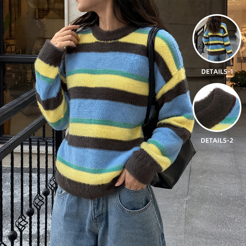 Damen Lässig gestrickter Pullover mit buntem Streifenmuster Shop Nory