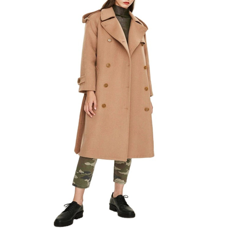 Damen Midilanger Doppelreihiger Wollmix‑Trenchcoat mit Epauletten und Taillengürtel Shop Nory