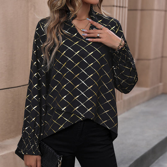 Damen Elegante Bluse mit geometrischem Muster und Rüschen Shop Nory