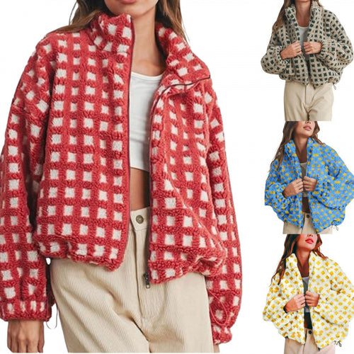 Damen Kurz geschnittene Sherpa Fleecejacke mit geometrischem Muster und Kordelzug Shop Nory