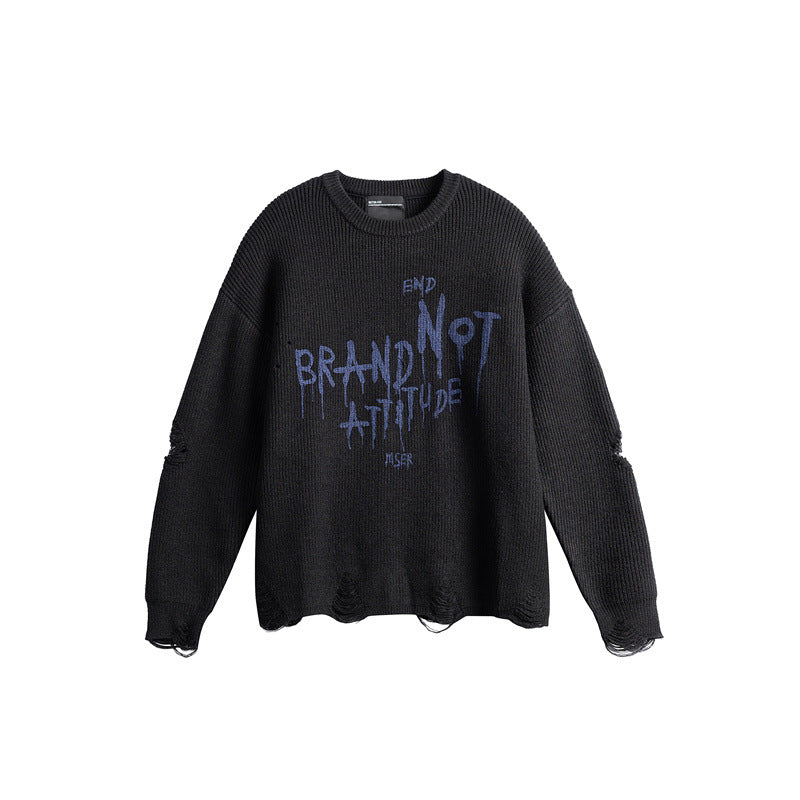 Unisex Oversize Strickpullover mit Destroyed Details und Statement Print Shop Nory