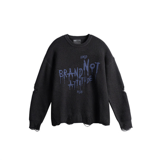 Unisex Oversize Strickpullover mit Destroyed Details und Statement Print Shop Nory
