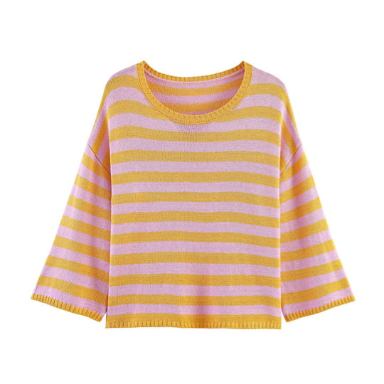 Damen Oversized Gestreifter Feinstrickpullover mit Rundhals und halblangen Ärmeln Shop Nory