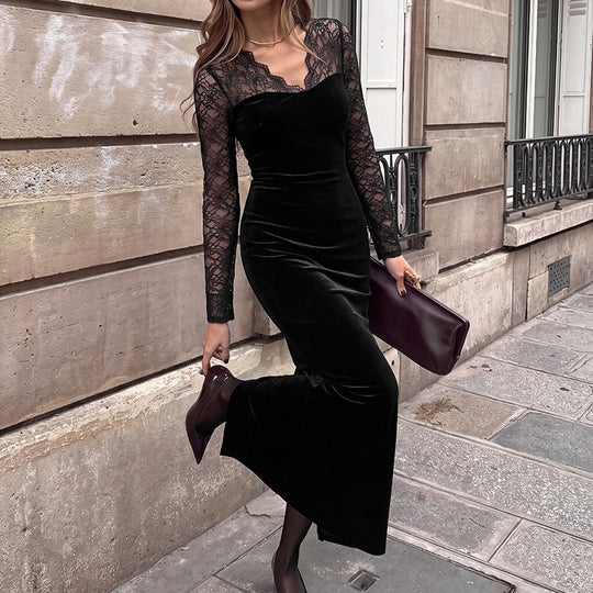 Damen Abendkleid mit transparenten Spitzenärmeln, Samtrock und Illusions‑Herzausschnitt Shop Nory