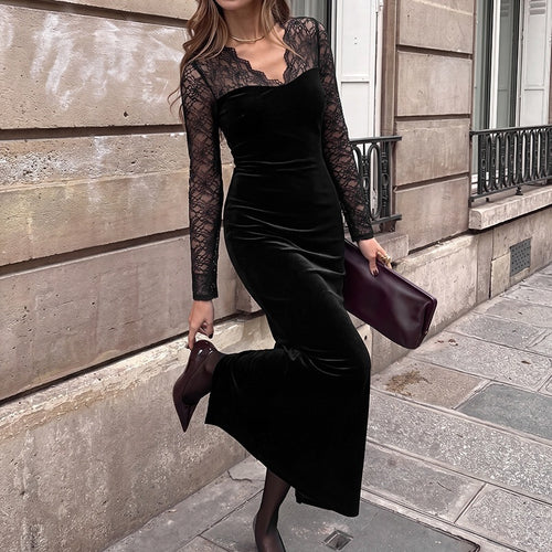 Damen Abendkleid mit transparenten Spitzenärmeln, Samtrock und Illusions‑Herzausschnitt Shop Nory