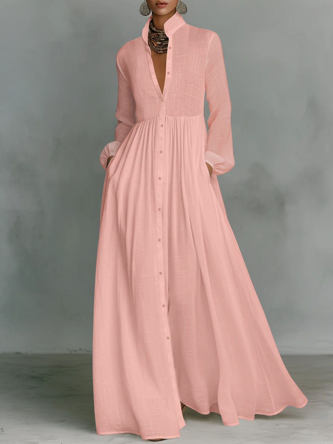 Damen Maxikleid mit Stehkragen, durchgehender Knopfleiste, taillenhoher Raffung und Eingrifftaschen Shop Nory