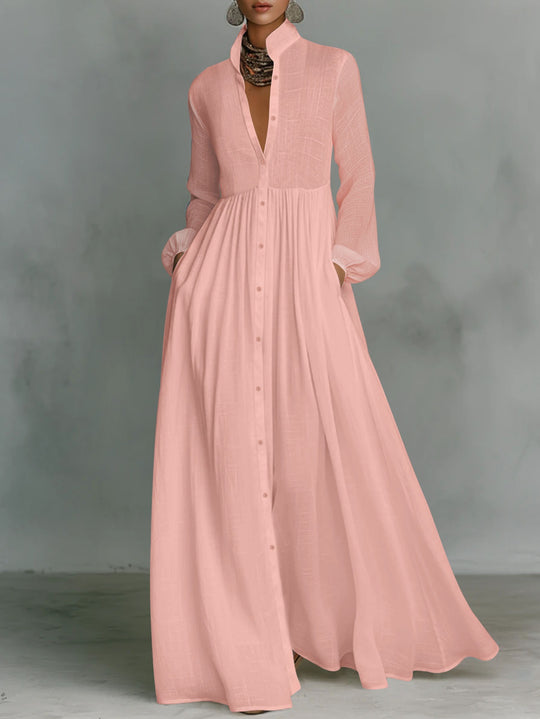 Damen Maxikleid mit Stehkragen, durchgehender Knopfleiste, taillenhoher Raffung und Eingrifftaschen Shop Nory