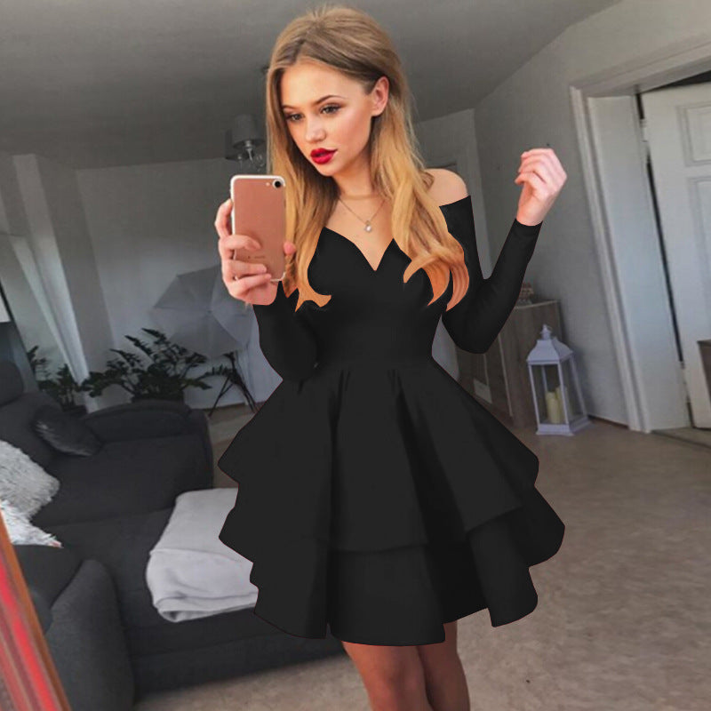 Damen Verspieltes schulterfreies Cocktailkleid mit Volants und tiefem V-Ausschnitt