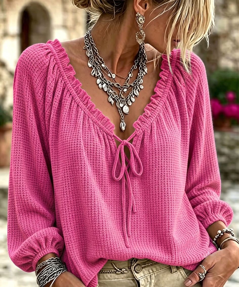 Damen Waffelstrick-Longsleeve mit tiefem V-Ausschnitt, Rüschenblende und Kordelzug Shop Nory