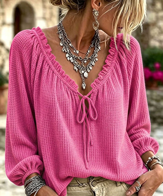 Damen Waffelstrick-Longsleeve mit tiefem V-Ausschnitt, Rüschenblende und Kordelzug Shop Nory