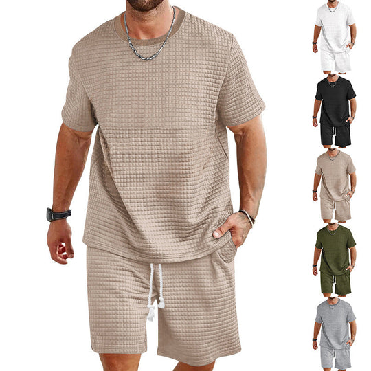 Herren nan Waffelstruktur Wohn- und Freizeit-Set mit weit geschnittenem Kurzarmshirt und kurzer Hose mit elastischem Bund