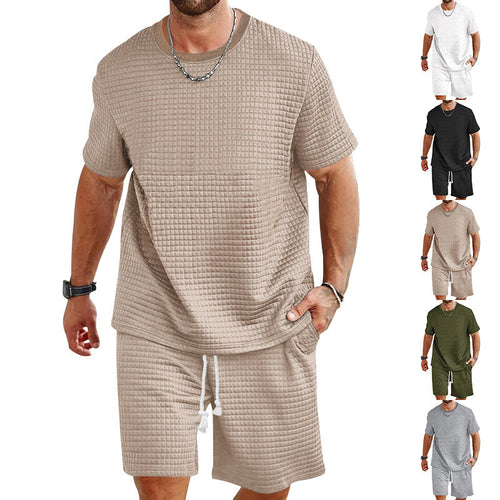 Herren nan Waffelstruktur Wohn- und Freizeit-Set mit weit geschnittenem Kurzarmshirt und kurzer Hose mit elastischem Bund