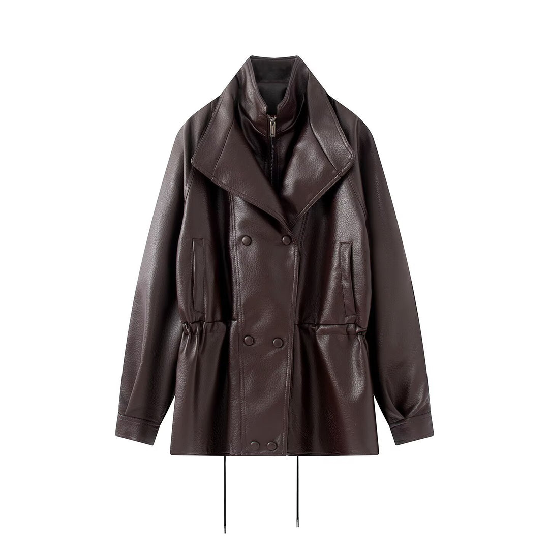 Damen Oversized Double-Breasted Kunstleder-Mantel mit Tunnelzug und Stehkragen Shop Nory