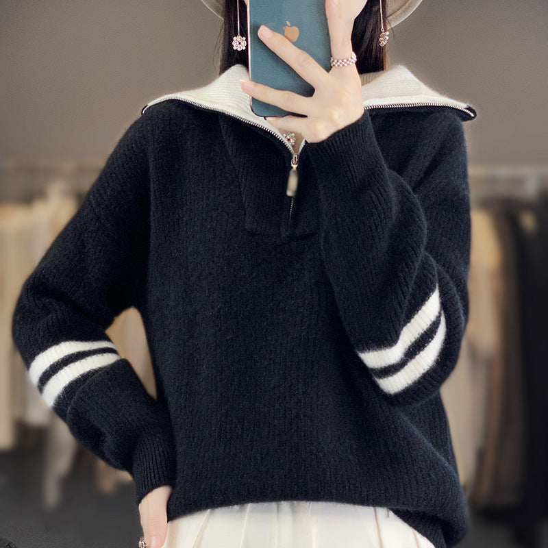 Damen Rippenstrick-Pullover mit halbem Reißverschluss, hohem Stehkragen und lässiger Passform Shop Nory
