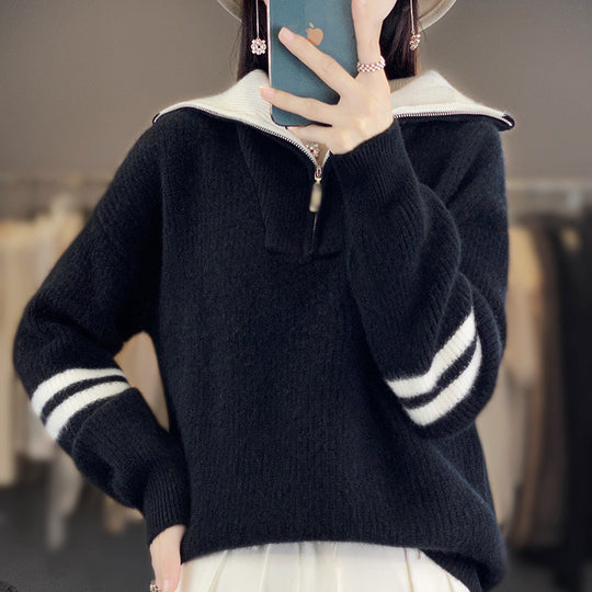 Damen Rippenstrick-Pullover mit halbem Reißverschluss, hohem Stehkragen und lässiger Passform Shop Nory