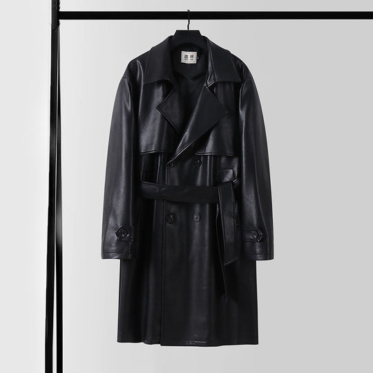 Herren Lederimitat-Trenchcoat mit Doppelreiher, Oversize-Schnitt und Manschettenriegel Shop Nory