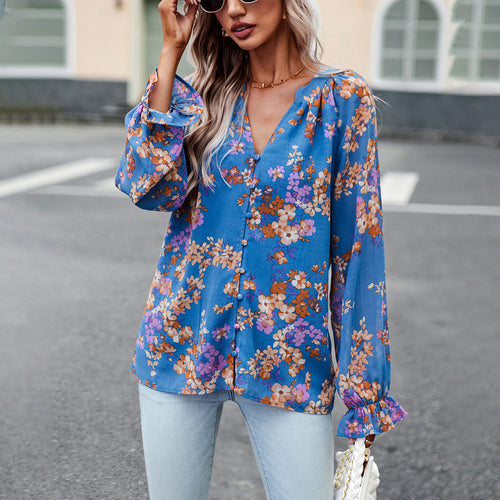 Damen nan Chiffon-Bluse mit floralem Alloverprint, V-Ausschnitt, Knopfleiste und gebundenen Manschetten Shop Nory