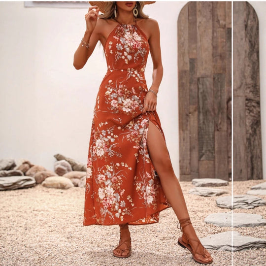 Damen Maxikleid mit elegantem Halter-Ausschnitt und floralem Design