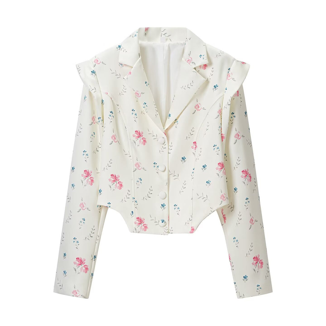 Damen Kurzblazer mit floraler Allover‑Print, taillierter Silhouette und dekorativen Schulterdetails Shop Nory