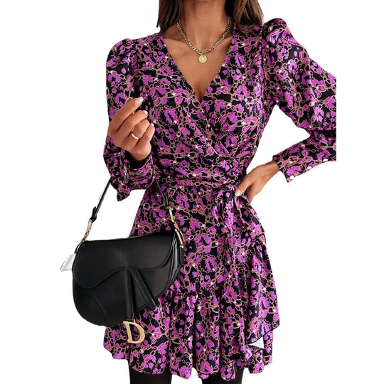 Damen Wickel‑Minikleid mit Balloonärmeln, Taillengürtel & Ziermanschetten Shop Nory