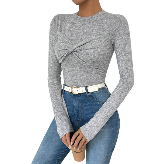 Damen Enganliegendes Langarm-Rippshirt mit Frontknoten und Rundhalsausschnitt Shop Nory