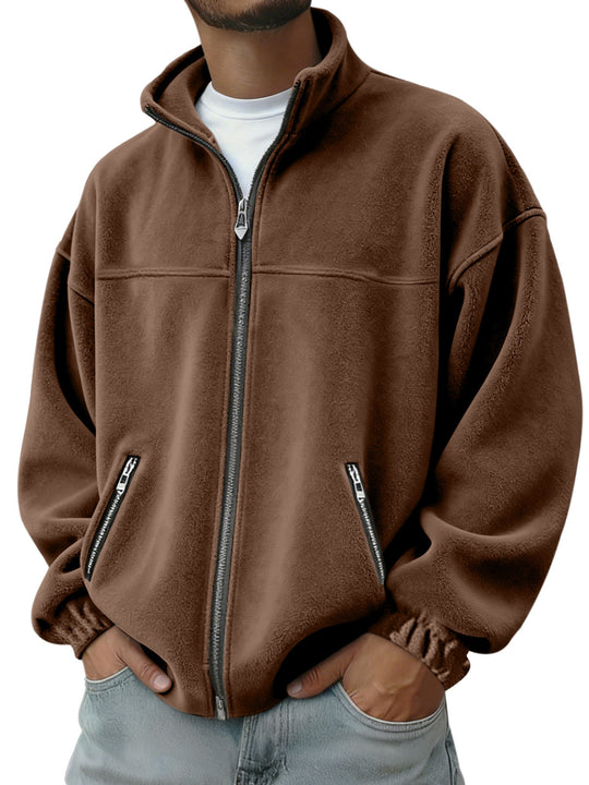 Herren Oversize Fleecejacke mit Stehkragen, durchgehendem Reißverschluss und Reißverschlusstaschen EB