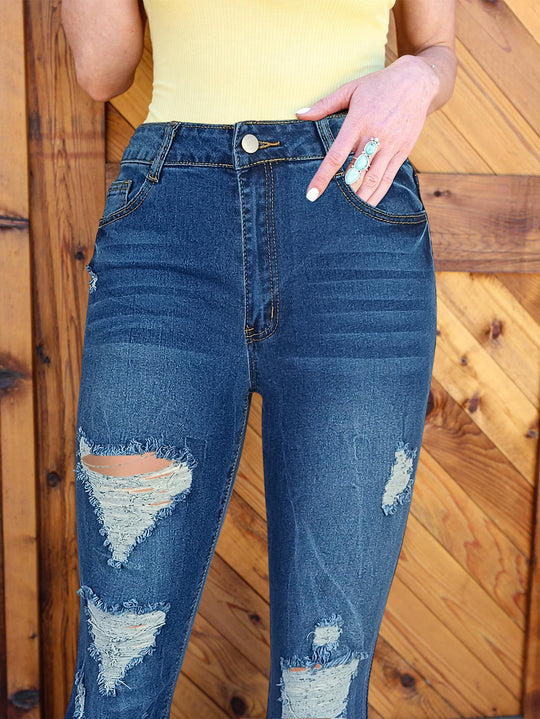 Damen Retro Schlagjeans mit hoher Taille, Destroyed‑Details und sculptendem Stretchbund Shop Nory