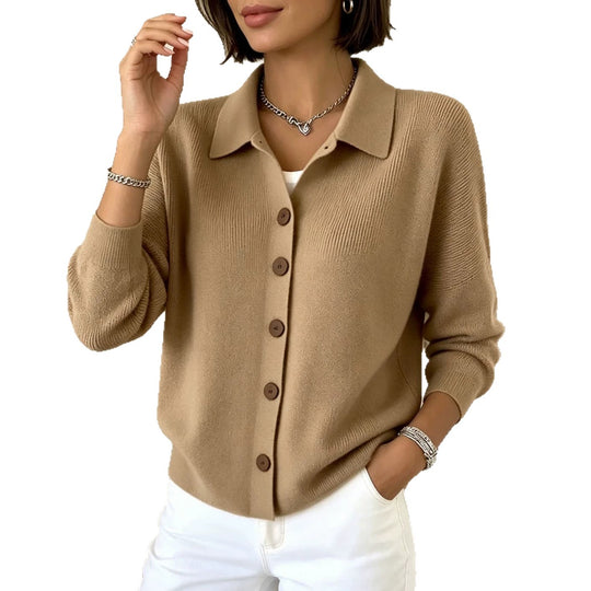 Damen Feinstrick-Cardigan mit Hemdkragen, entspannter Silhouette und Holzknöpfen Shop Nory