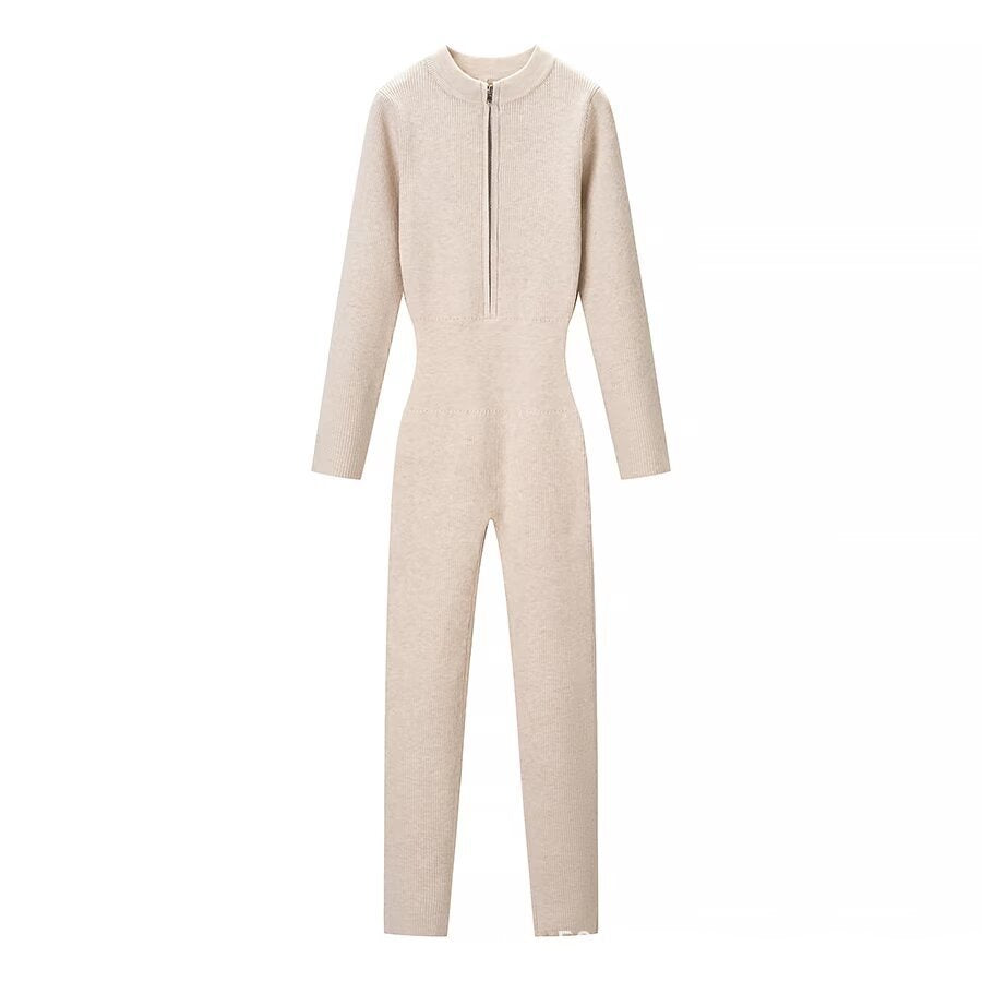 Damen Figurbetonter Strick-Overall mit Stehkragen und Frontreißverschluss Shop Nory