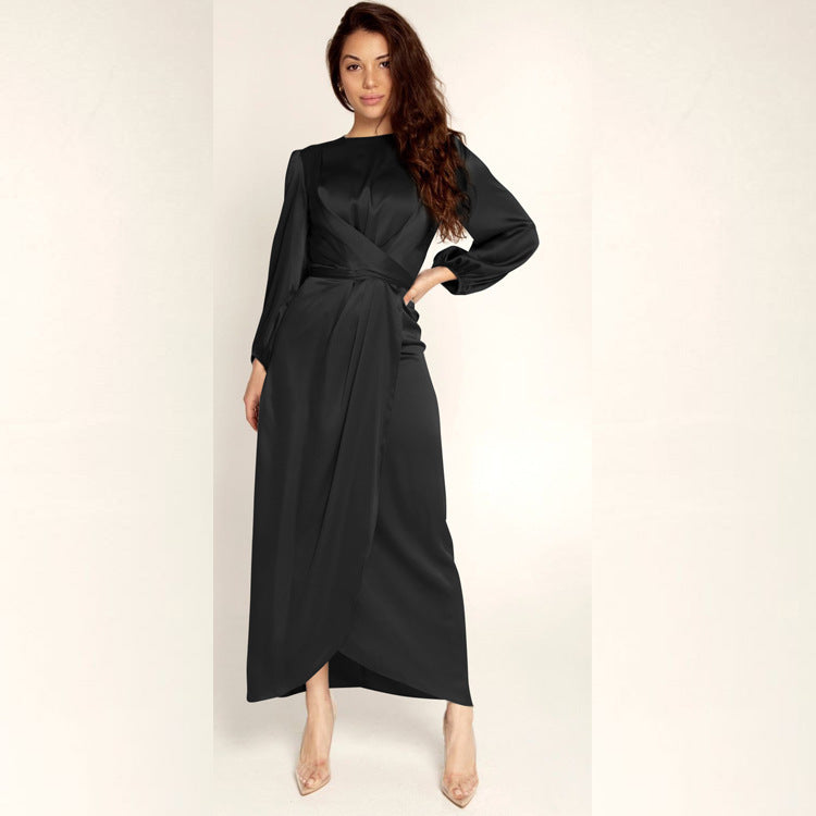 Damen Elegantes Maxikleid aus Satin mit Wickel-Detail, Langarm und Taillenband Shop Nory