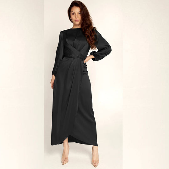 Damen Elegantes Maxikleid aus Satin mit Wickel-Detail, Langarm und Taillenband Shop Nory