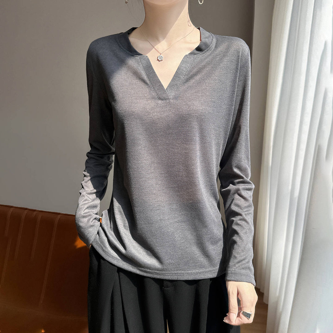 Damen Langärmliges Feinstrickshirt mit geschlitztem V-Kragen Shop Nory