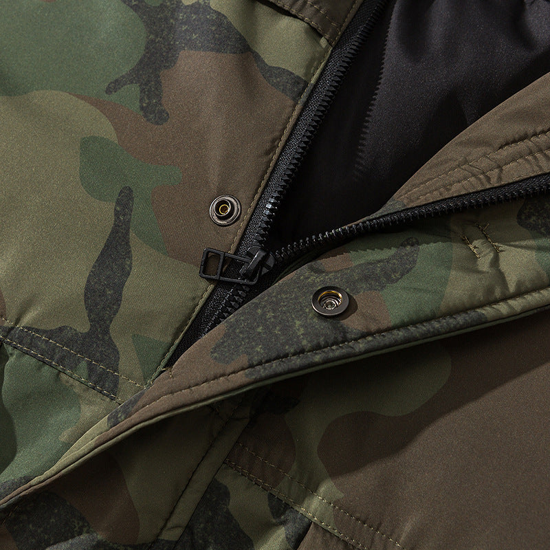 Unisex Boxy-Kurz-Pufferjacke im Camouflage-Utility-Stil mit Kapuze und verdeckter Frontblende Shop Nory