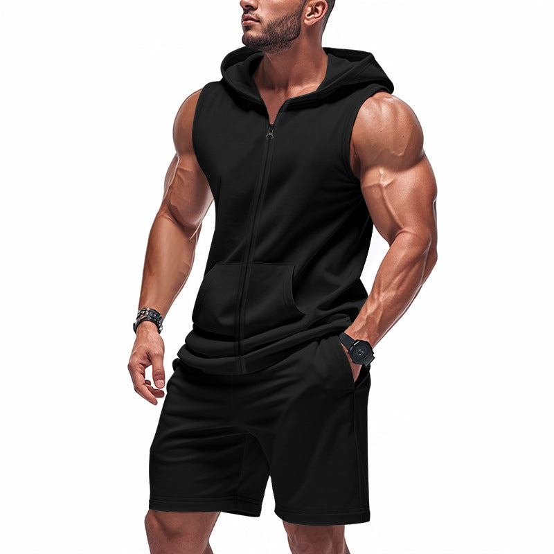 Herren nan sportliches Kapuzen-Set mit ärmelloser Sweatjacke, durchgehendem Reißverschluss und Trainingsshorts