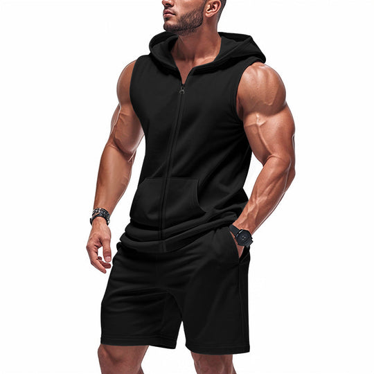 Herren nan sportliches Kapuzen-Set mit ärmelloser Sweatjacke, durchgehendem Reißverschluss und Trainingsshorts