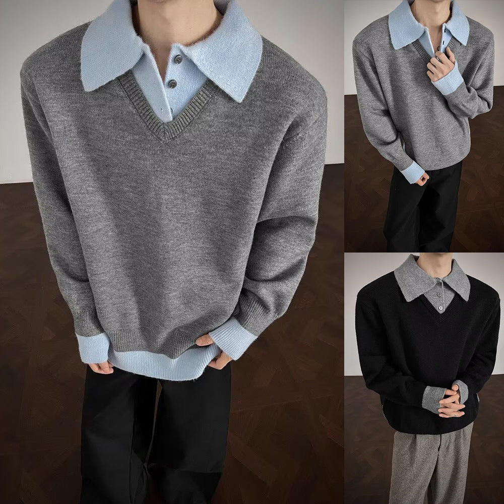Herren Modischer Strickpullover mit V-Ausschnitt und Kontrastkragen Shop Nory