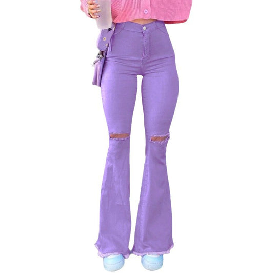 Damen Hochgeschnittene Stretch-Flared-Jeans mit Knieausriss, ausgestelltem Bein und rohem Saum Shop Nory