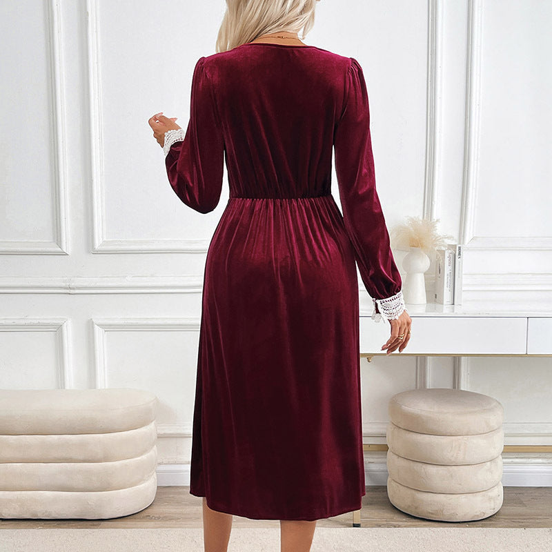 Damen Samt-Midikleid mit Spitzendekor, V Ausschnitt und taillierter Empire Silhouette Shop Nory