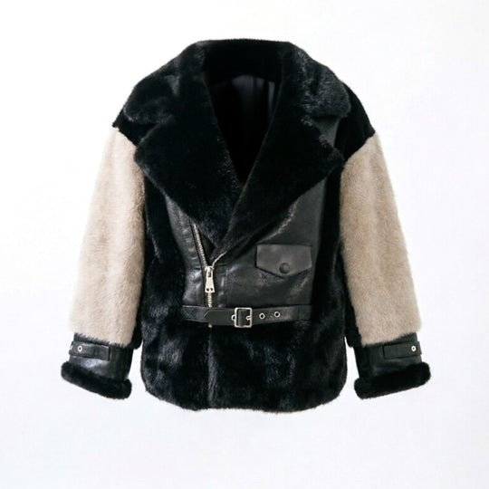 Damen Kurzjacke im Aviator‑Stil aus Lammfellimitat mit Kontrastärmeln Shop Nory