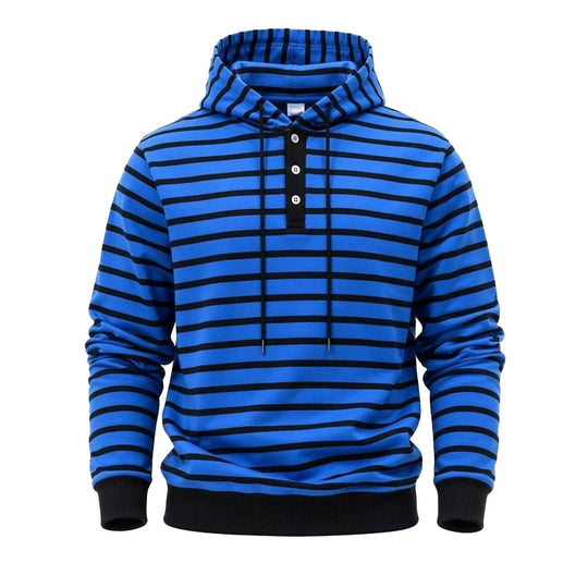 Herren Gestreifter Kapuzenpullover mit Henley‑Knopfleiste, Kordelzug und Rippbündchen Shop Nory