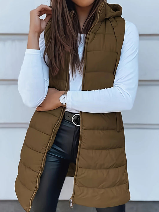 Damen Stylische gesteppte Weste mit Kapuze und langen Schnitt