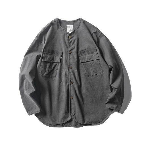 Unisex Kragenlose Overshirt-Jacke mit Druckknopfblende und aufgesetzten Brusttaschen Shop Nory