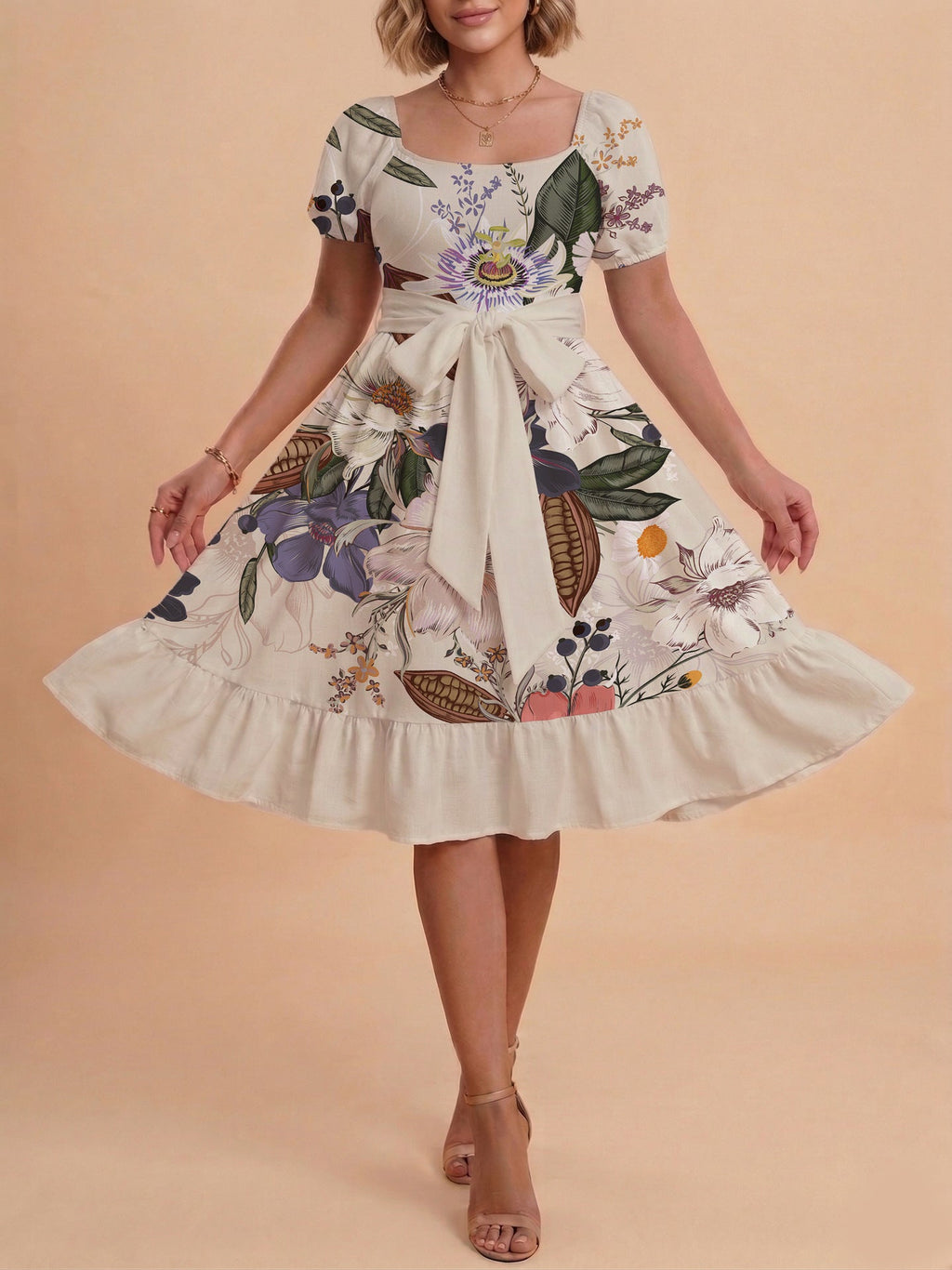 Damen Sommerliches Blumenkleid mit taillierbarem Gürtel und voluminösen Ärmeln