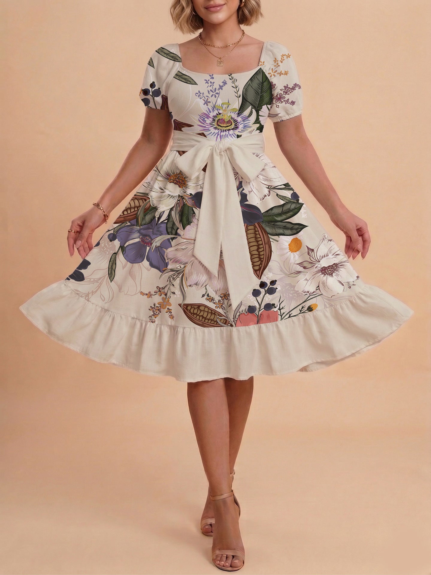 Damen Sommerliches Blumenkleid mit taillierbarem Gürtel und voluminösen Ärmeln
