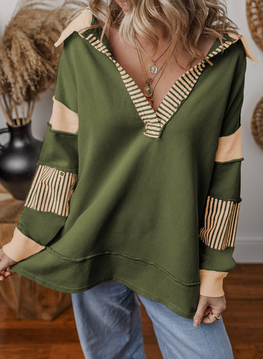 Damen Oversize Sweatshirt mit V-Ausschnitt, gestreiften Ärmelaufsätzen und Kontrastdetails Shop Nory
