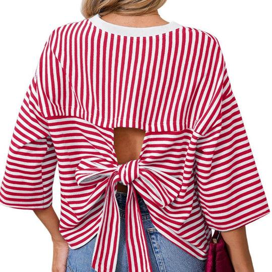 Damen Gestreiftes Oversize-Shirt mit Rückenausschnitt und Schleifenbindung Shop Nory