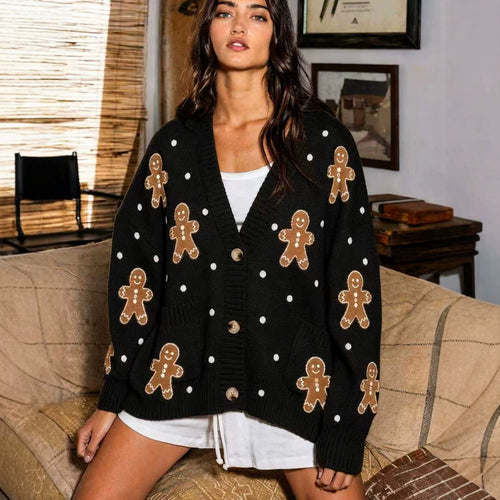 Damen oversized Strickcardigan mit Lebkuchenstickerei und tiefem V-Ausschnitt Shop Nory