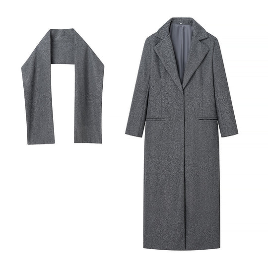 Damen Maxilanger Wollmix-Mantel mit integriertem Loop-Schal und cleanem Revers Shop Nory