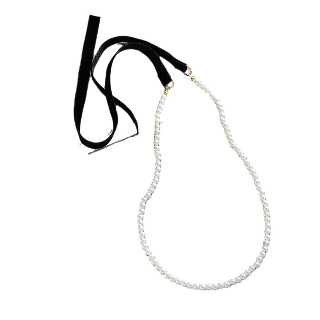 Damen Choker-Halskette mit eleganter Perlenreihe und samtigem Band Shop Nory