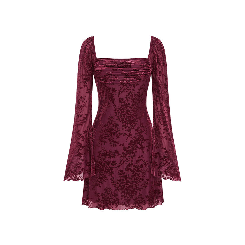 Damen Samt-Minikleid mit quadratischem Ausschnitt, gerafftem Bustier und ausgestellten Ärmeln Shop Nory